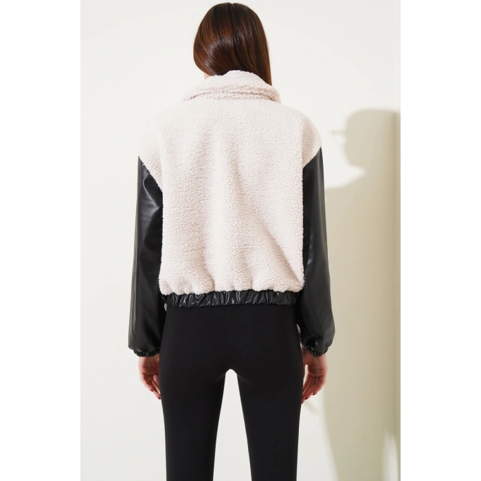 Deri garnili cepli peluş mont siyah t1253