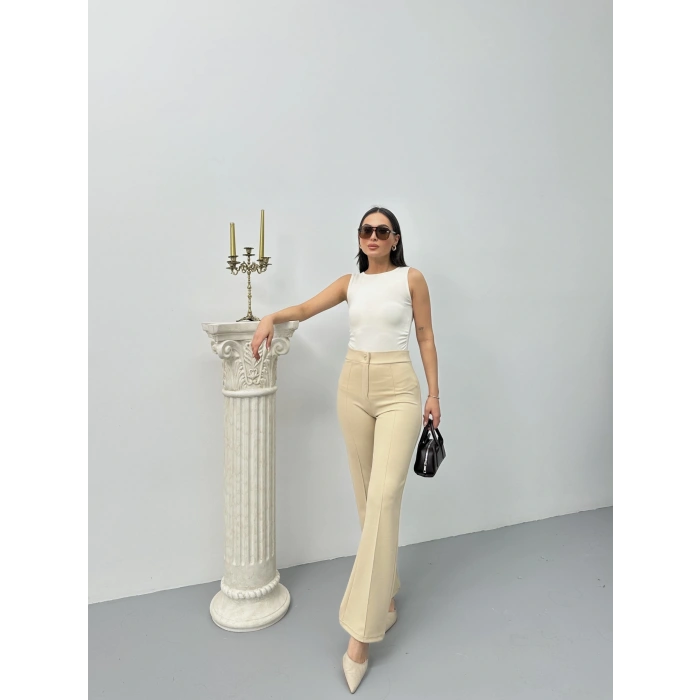 Düğmeli Palazzo pantolon bej p170091
