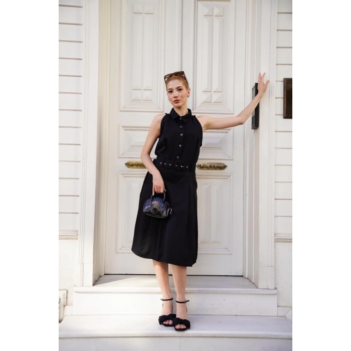 Gömlek yaka kemerli elbise siyah s255061