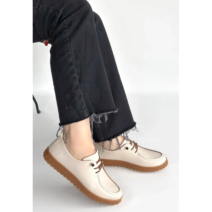 Guot Bej Cilt Bağcıklı Babet Ayakkabı