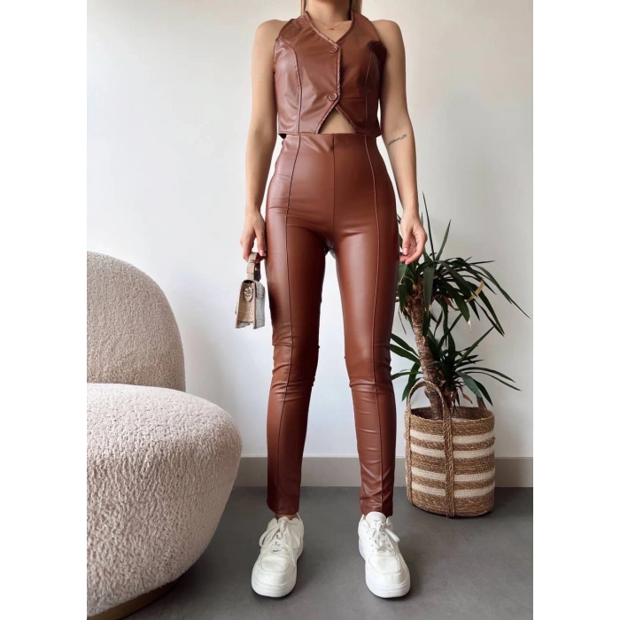 İki düğmeli deri yelek kahve s243001