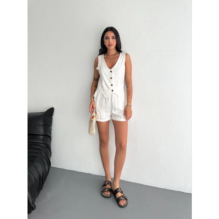 Kadın keten şort yelek takım s3461