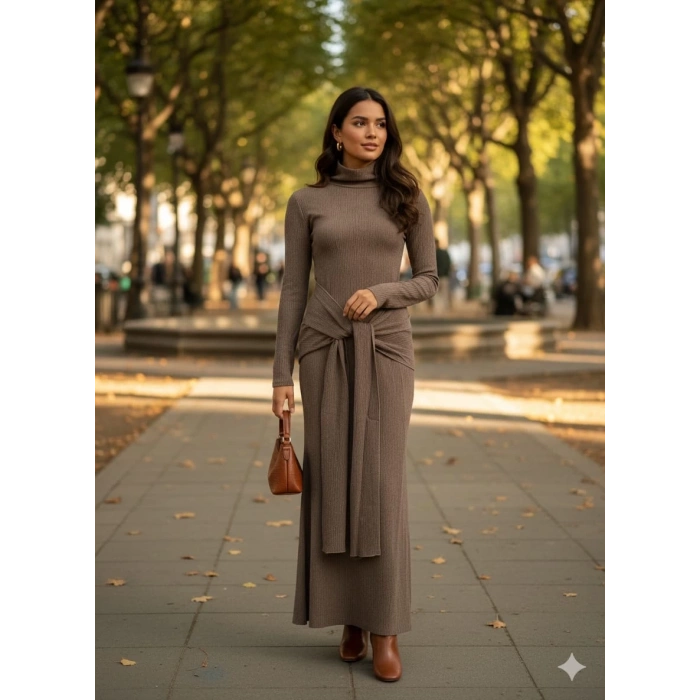 Kendinden kemerli uzun elbise vizon