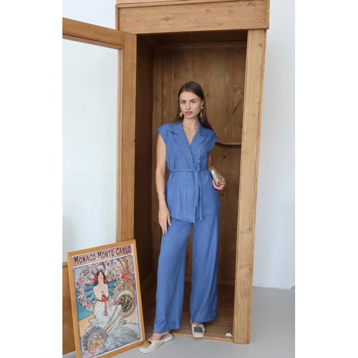 Keten yelek pantolon takım indigo pt