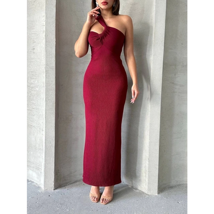 Krinkıl tek omuz uzun elbise bordo s25455