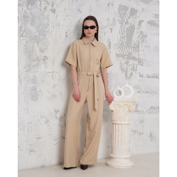 Kuşaklı gömlek yaka salaş tulum bej s255822