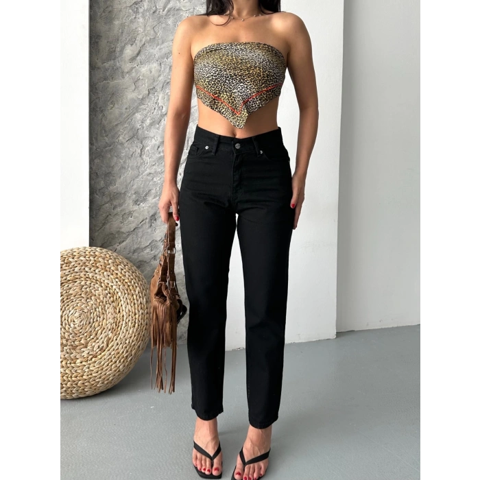 Mom fit enzim taş yıkama jeans pantolon siyah d2006