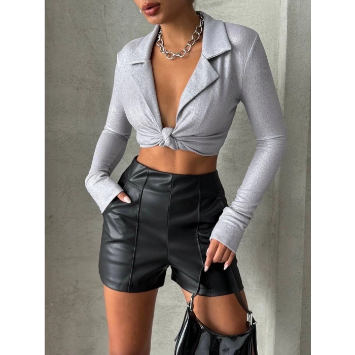 Parçalı cepli deri şort siyah w26312