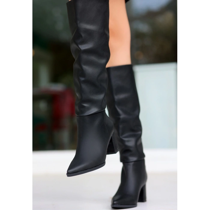 Roksa Siyah Cilt Topuklu Çizme