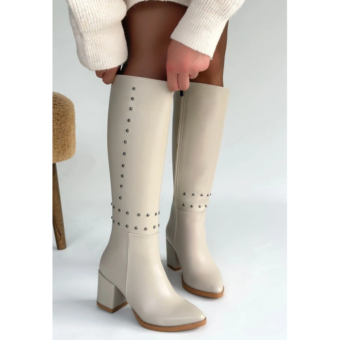 Tiyan Bej Cilt Topuklu Çizme