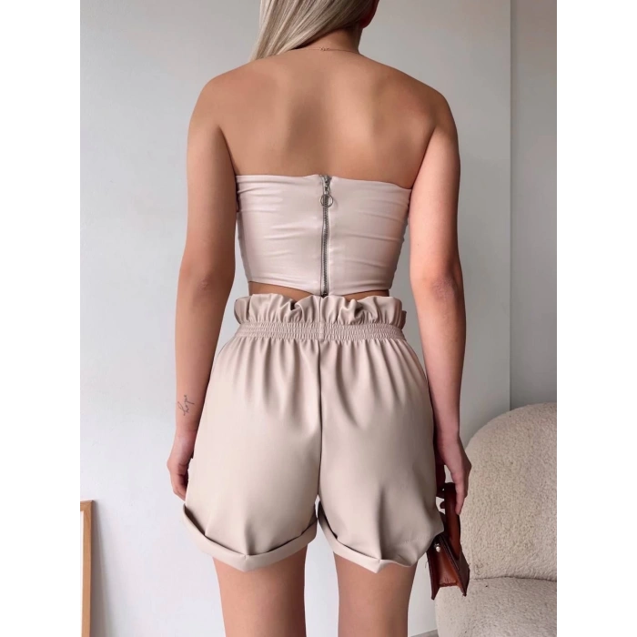 Tüllü deri crop bej w24615