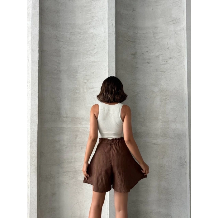 Volanlı keten şort kahve s255058