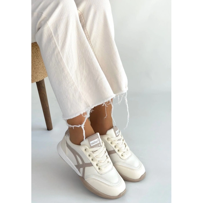 Zlay Bej Cilt Vizon Detaylı Bağcıklı Spor Ayakkabı