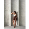 Volanlı keten şort kahve s255058