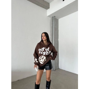 3 iplik şardonlu oversize out of baskılı sweat kahve