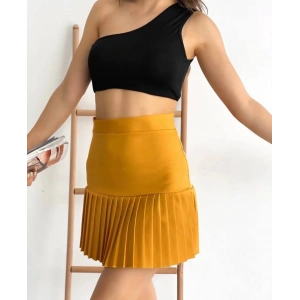 Altı pliseli mini etek hardal s24705