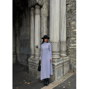 Boğazlı kalın bürümcük uzun elbise gri