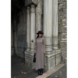 Boğazlı kalın bürümcük uzun elbise vizon