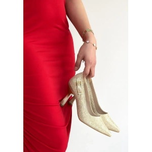 Cerin Gold Saten Simli Topuklu Ayakkabı