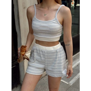 Çizgili şortlu takım gri s3978