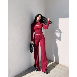 Pencereli detaylı alt üst takım bordo w3864