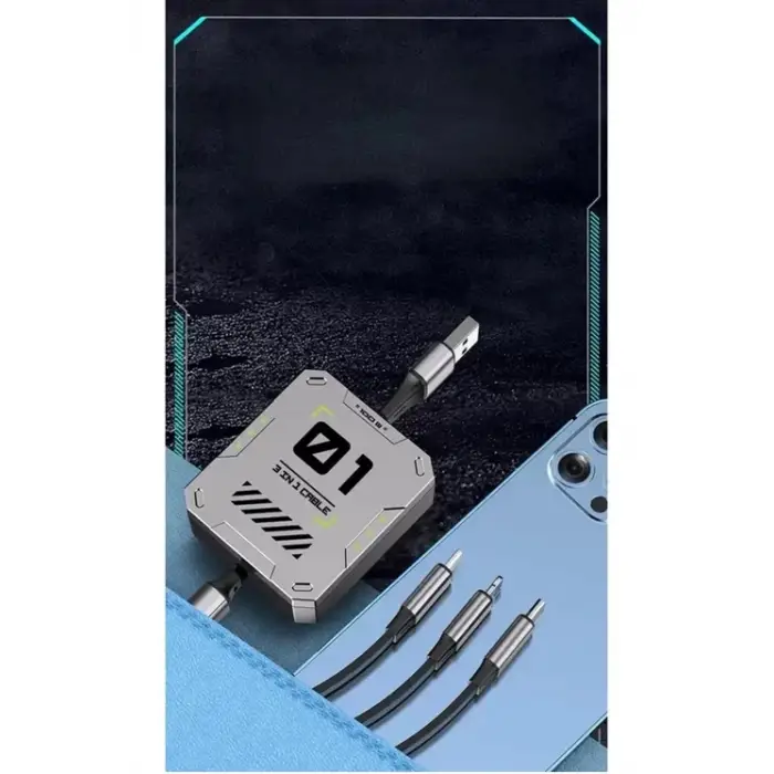 100w Geri Çekilebilir Makaralı Çoklu Şarj Kablosu Alüminyum Kutu Lightning Micro Type-c Şarj Kablosu