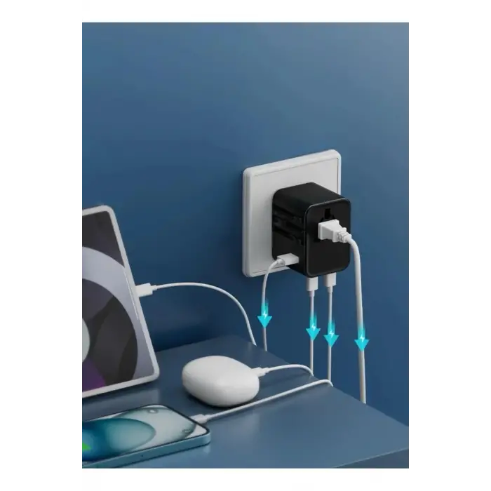 25w Evrensel Seyahat Adaptörü, Eu/us/uk/au Priz Dönüştürücü, 1x Usb, 2x Type-c Hızlı Şarj