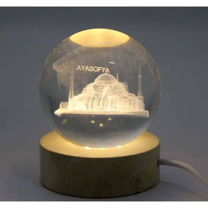 3d Kristal Cam Küre Ahşap Soketli İstanbul Temalı Led Lamba Alk2573