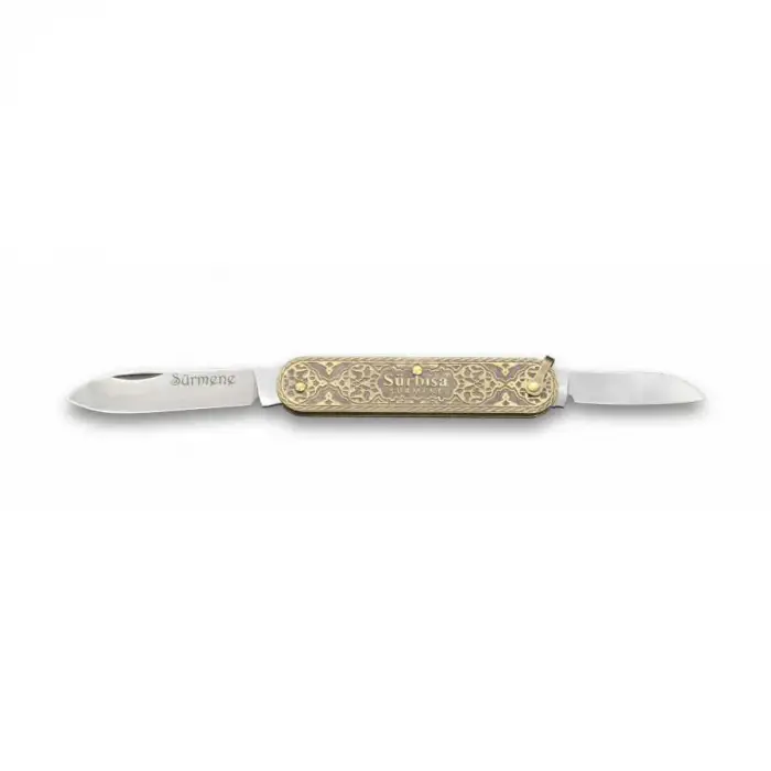 61804 Pirinç İşlemeli Sürmene Çakısı 5,5 / 3,5 Cm - Çift Bıçaklı