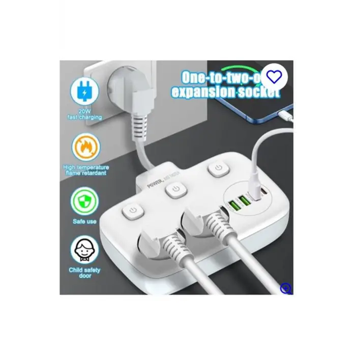 Akım Korumalı 2’li Ayrı Anahtarlı Priz, 2x Priz, 3x Usb, 1x Type-c, 2 Mt Kablo, Hızlı Şarj
