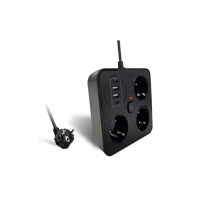 Akım Korumalı Anahtarlı Priz - 3x Priz - 2x Usb - 2x Type-c - 2 Mt Kablo Hızlı Şarj Özellikli Siyah