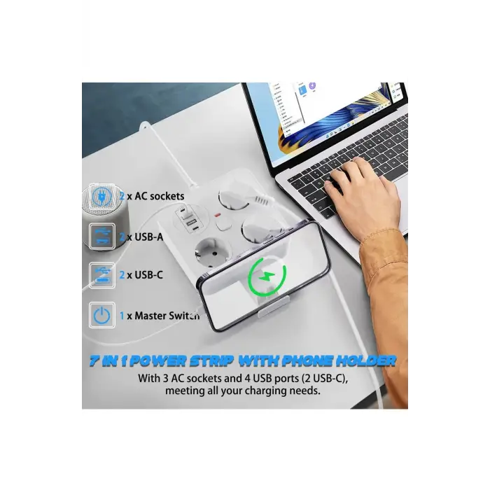 Akım Korumalı Anahtarlı Priz - 3x Priz - 2x Usb - 2x Type-c - 2 Mt Kablo Hızlı Şarj Özellikli Siyah