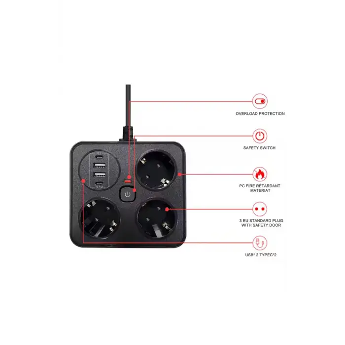 Akım Korumalı Anahtarlı Priz - 3x Priz - 2x Usb - 2x Type-c - 2 Mt Kablo Hızlı Şarj Özellikli Siyah