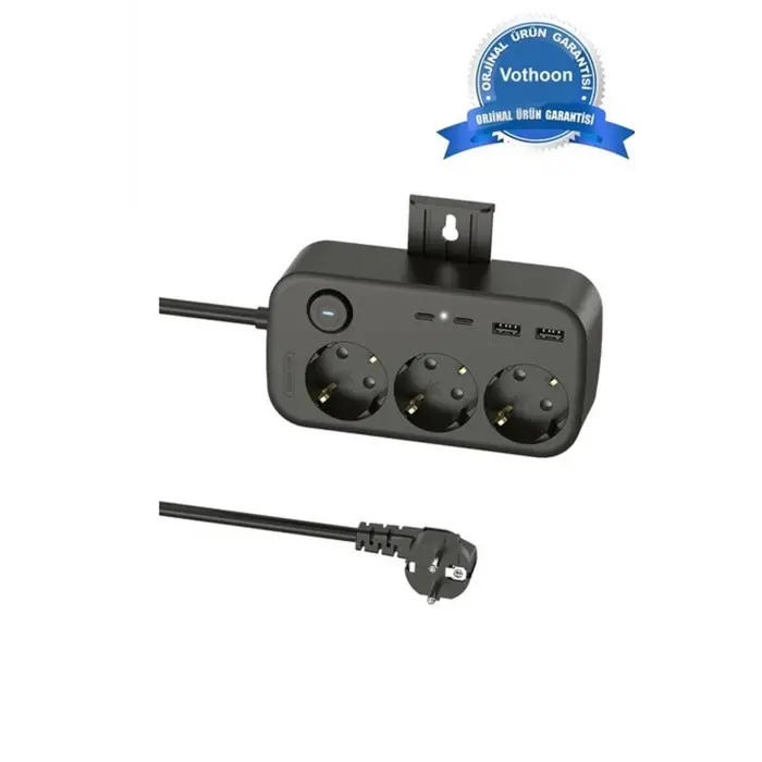 Akım Korumalı Priz 2 Usb + 2 Type-c Girişli 2 Metre Kablosu Anahtarlı Ve Duvara Monte Edilebilir