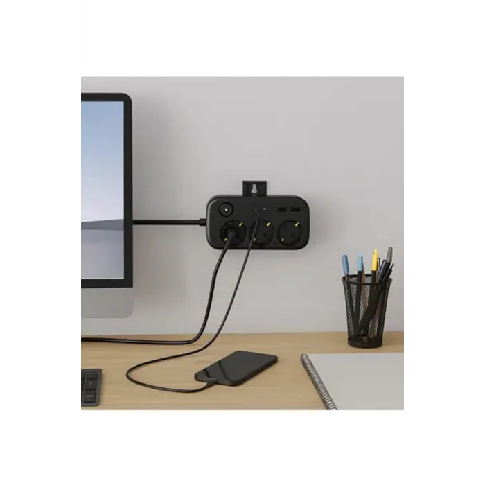 Akım Korumalı Priz 2 Usb + 2 Type-c Girişli 2 Metre Kablosu Anahtarlı Ve Duvara Monte Edilebilir