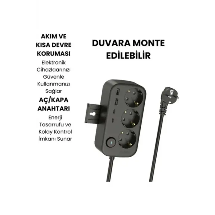 Akım Korumalı Priz 2 Usb + 2 Type-c Girişli 2 Metre Kablosu Anahtarlı Ve Duvara Monte Edilebilir
