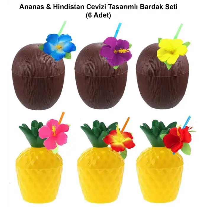 Ananas  Hindistan Cevizi Tasarımlı Pipetli Bardak Seti (6 Adet)
