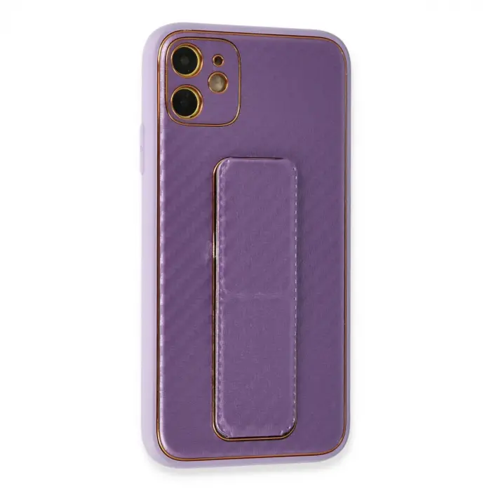 Apple İphone 12 Kılıf Coco Karbon Standlı Kapak - Mor