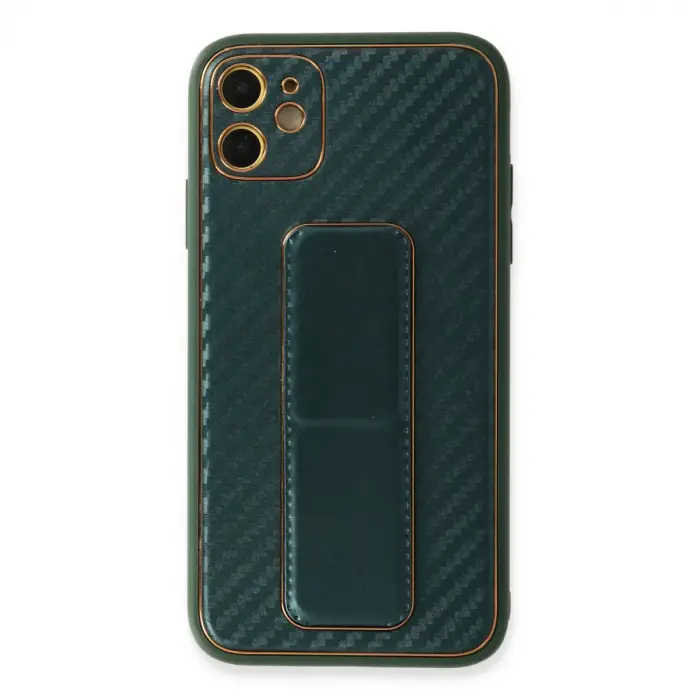 Apple İphone 12 Kılıf Coco Karbon Standlı Kapak - Yeşil