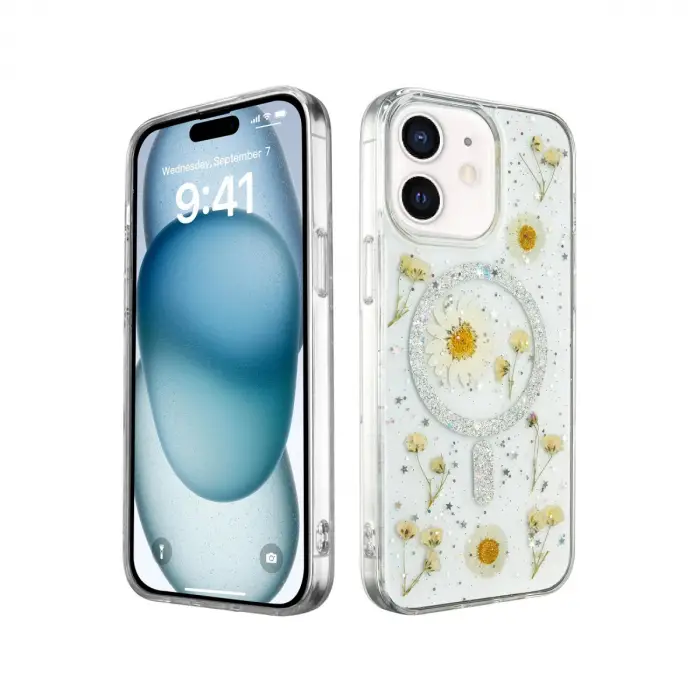 Apple İphone 12 Kılıf Daisy Simli Magsafe Kapak - Gümüş