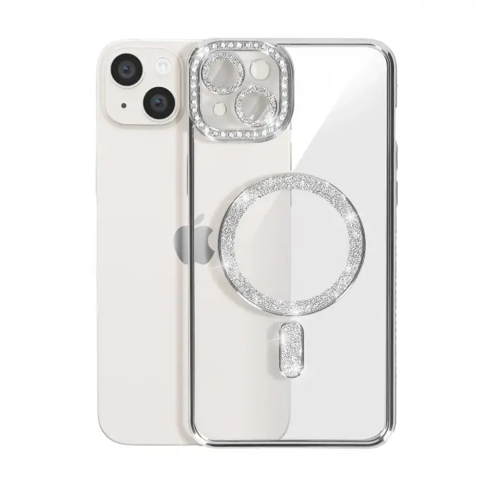Apple İphone 15 Kılıf Joke Simli Magneticsafe Kılıf - Gümüş