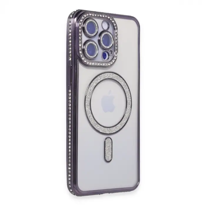 Apple İphone 15 Pro Max Kılıf Joke Simli Magneticsafe Kılıf - Derin Mor