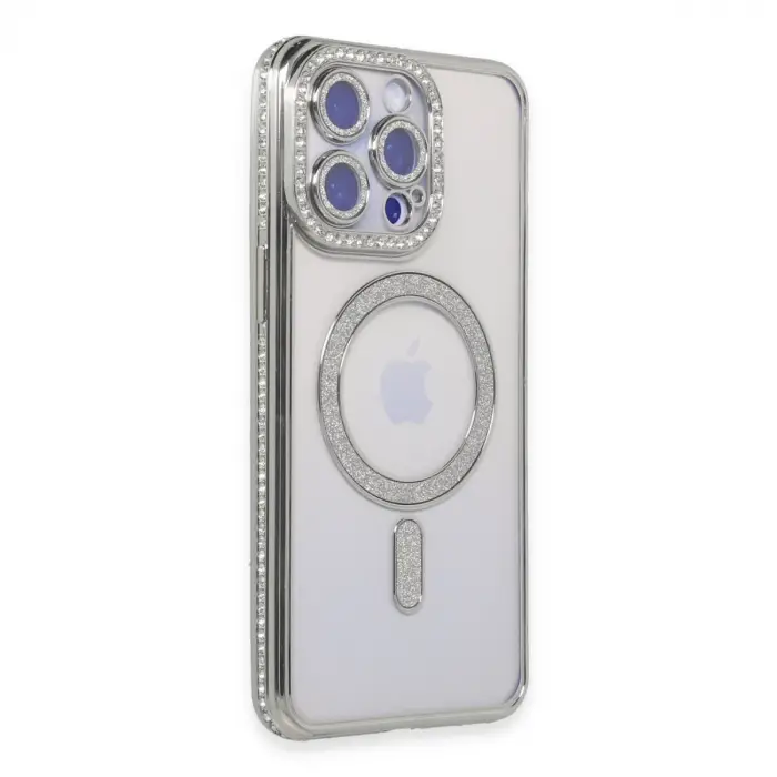 Apple İphone 15 Pro Max Kılıf Joke Simli Magneticsafe Kılıf - Gümüş