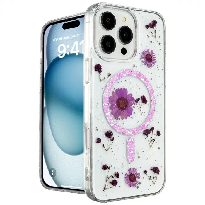 Apple İphone 16 Pro Max Kılıf Daisy Simli Magsafe Kapak - Mor
