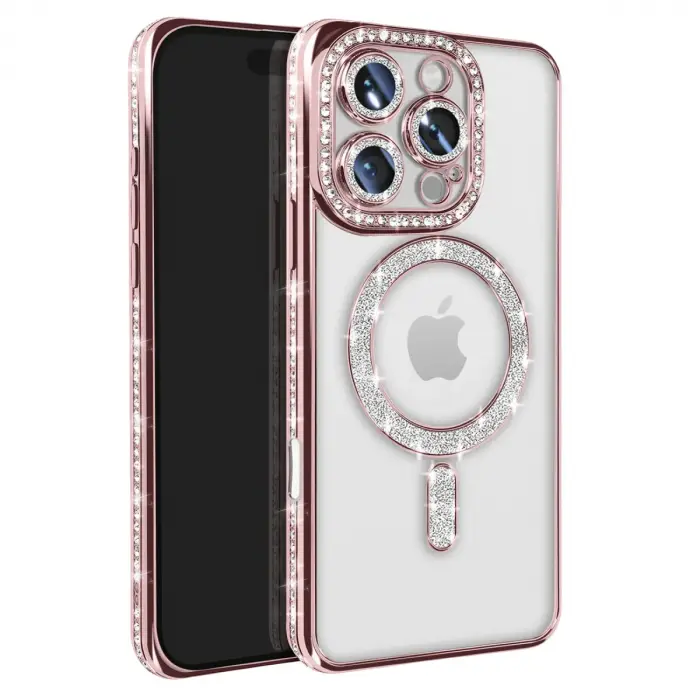 Apple İphone 16 Pro Max Kılıf Joke Simli Magneticsafe Kılıf - Pembe