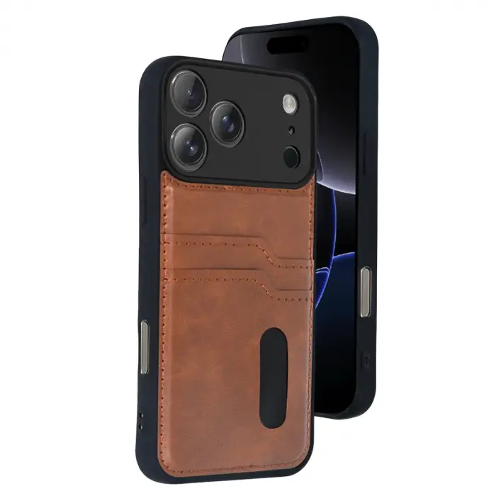 Apple İphone 17 Pro Max Sara Kartvizitli Deri Kılıf - Taba