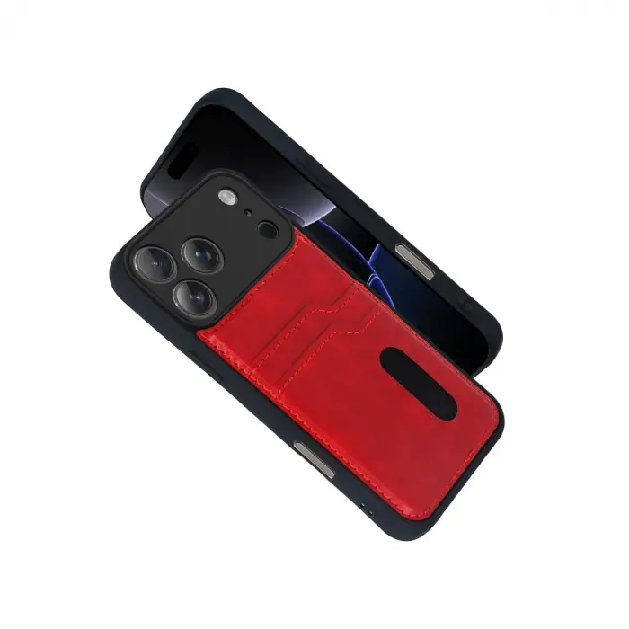 Apple İphone 17 Pro Sara Kartvizitli Deri Kılıf - Kırmızı
