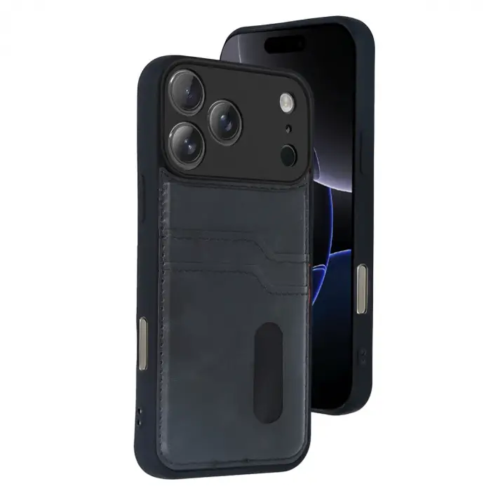 Apple İphone 17 Pro Sara Kartvizitli Deri Kılıf - Siyah