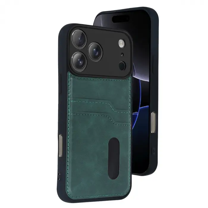 Apple İphone 17 Pro Sara Kartvizitli Deri Kılıf - Yeşil