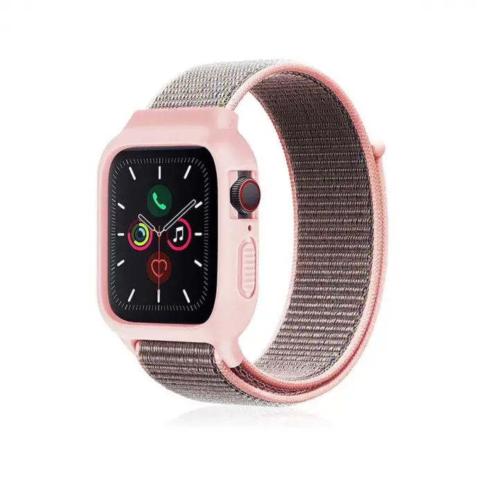 Apple Watch 38mm Hasırlı Cırtcırtlı Kasalı Kordon - Pembe
